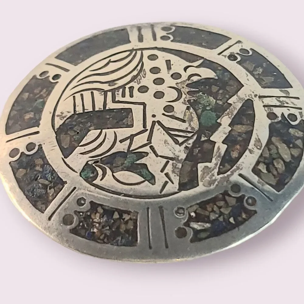 Vintage Mexico Sterling Silver Abalone Tribal Warrior Pin Brooch (23g)